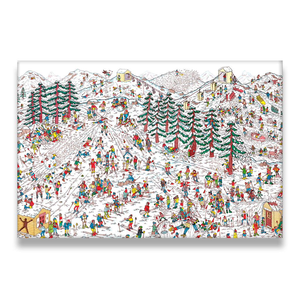 Busy ski slope seek-and-find canvas wall art with hundreds of colorful illustrated characters on a snow-covered mountain