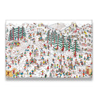Busy ski slope seek-and-find canvas wall art with hundreds of colorful illustrated characters on a snow-covered mountain