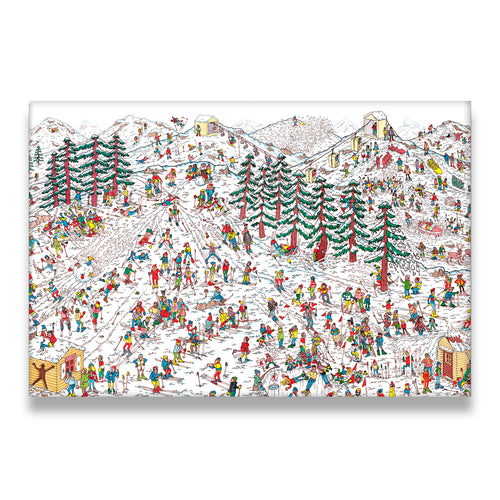 Busy ski slope seek-and-find canvas wall art with hundreds of colorful illustrated characters on a snow-covered mountain