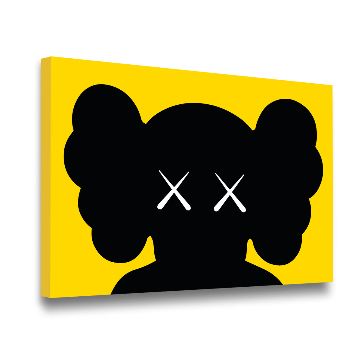 Gallery-wrapped KAWS-style XX shadow figure canvas wall art – black and yellow pop art, angled side view showing depth